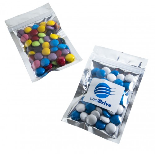 SILVER ZIP LOCK BAG WITH CHOC BEANS 50G